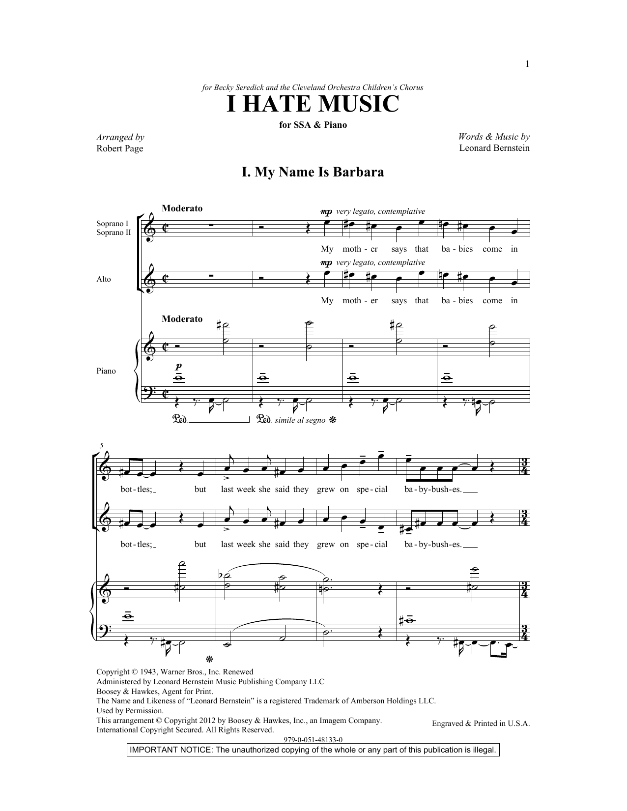 Leonard Bernstein I Hate Music (arr. Robert Page) Sheet Music