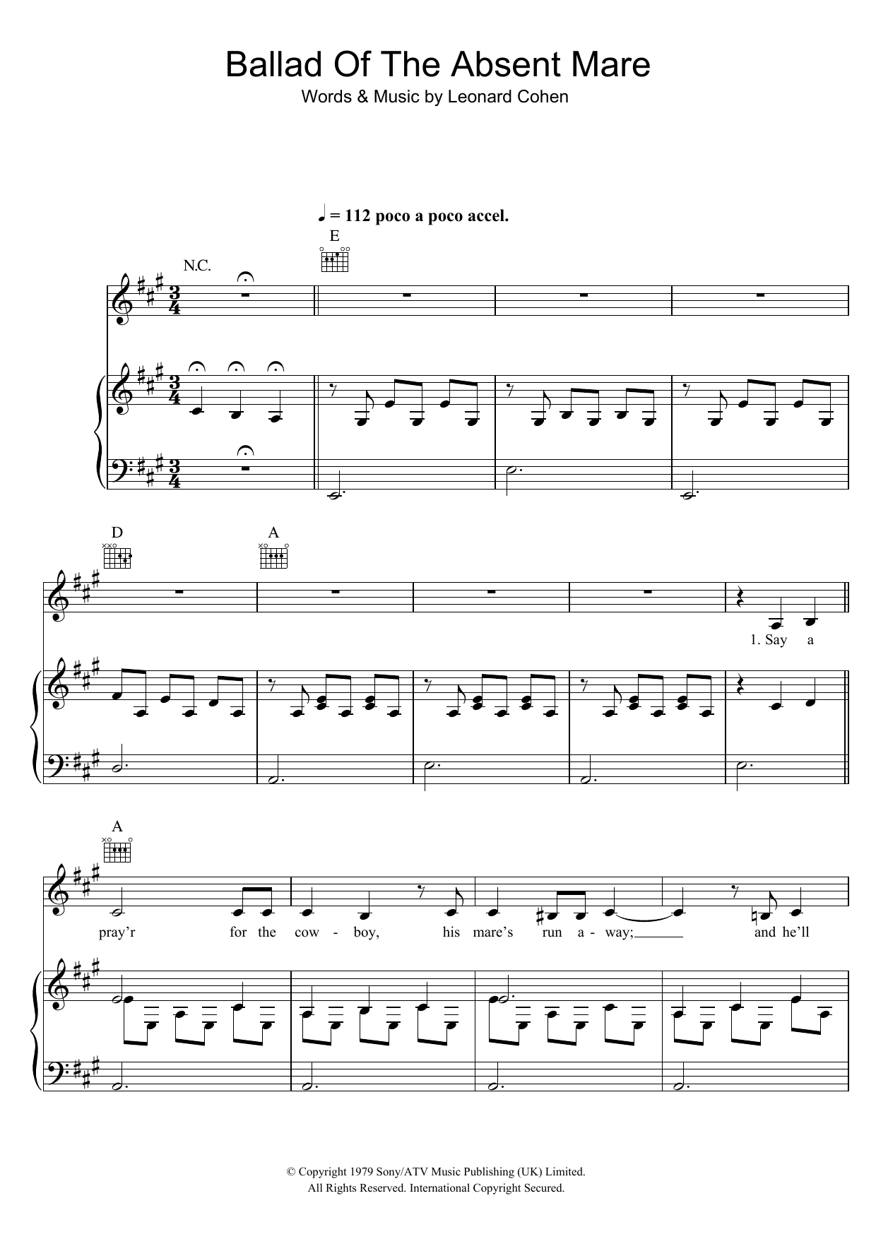 Leonard Cohen Ballad Of The Absent Mare Sheet Music