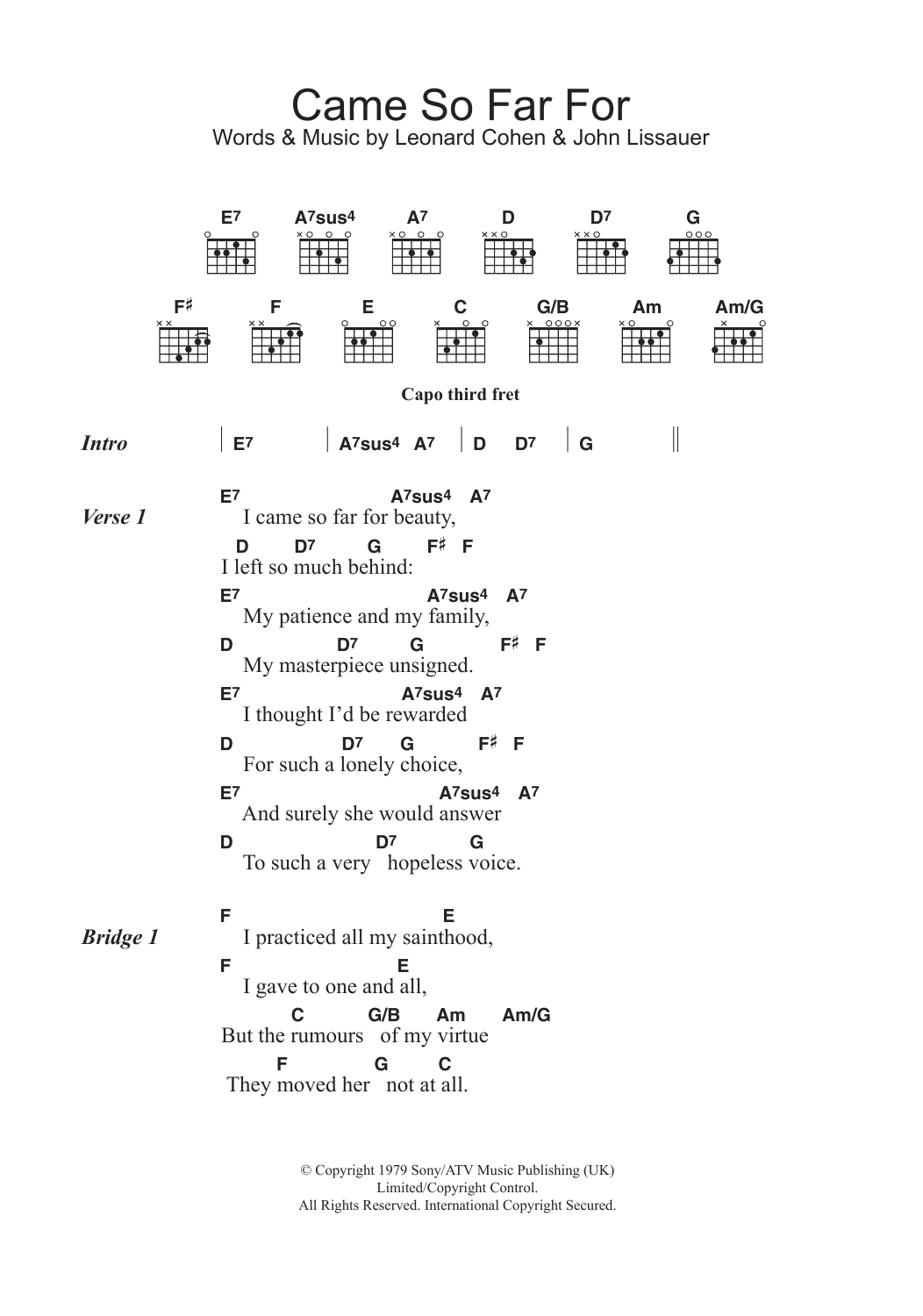 Leonard Cohen Came So Far For Beauty Sheet Music