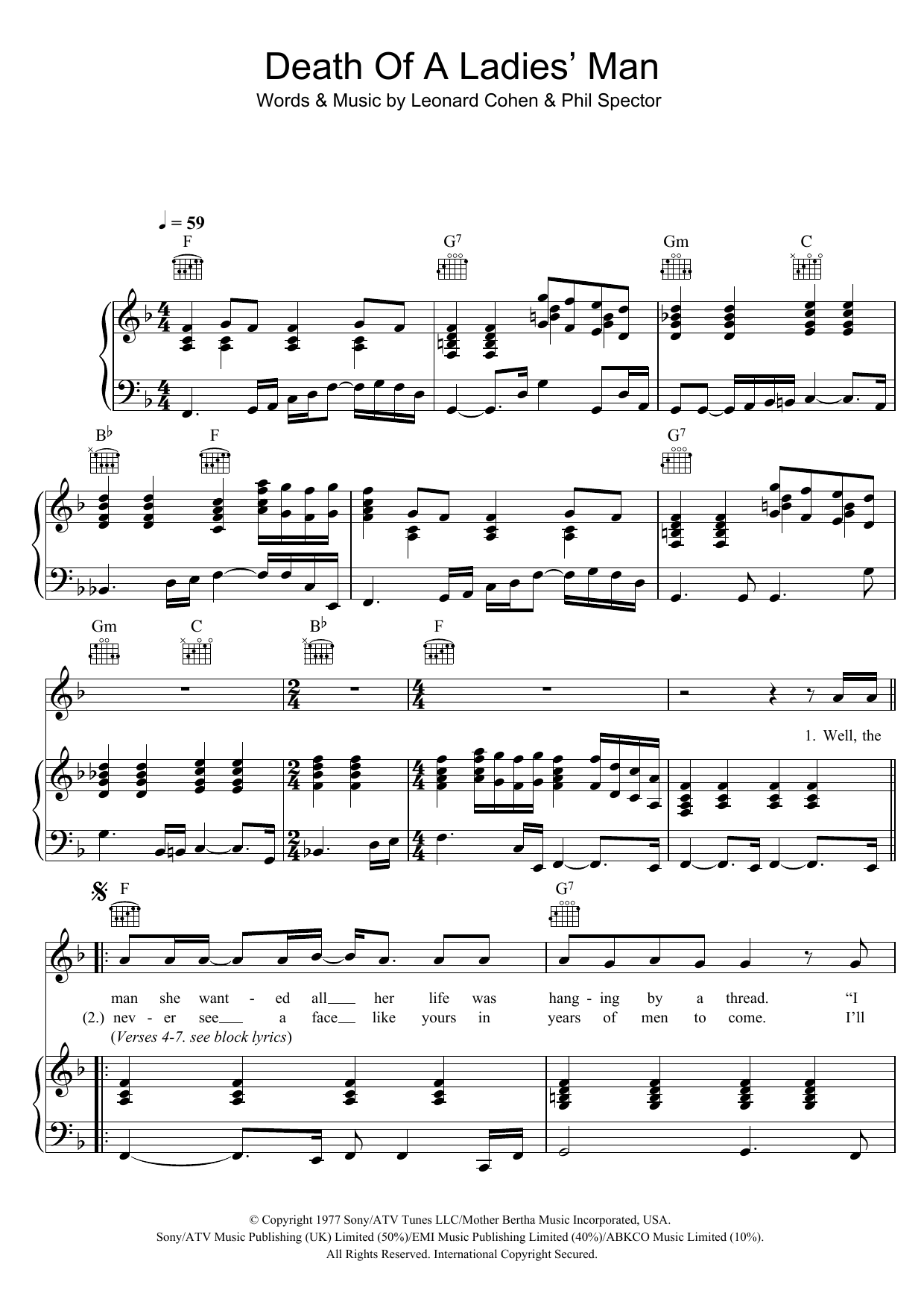 Leonard Cohen Death Of A Ladies' Man Sheet Music