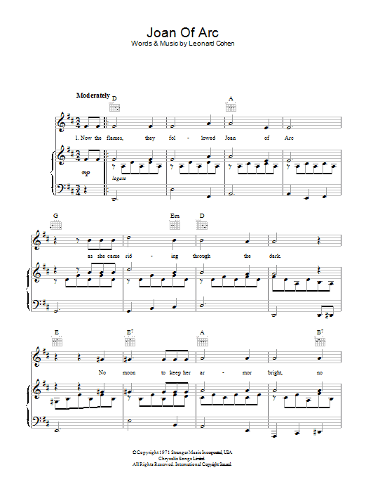 Leonard Cohen Joan Of Arc Sheet Music