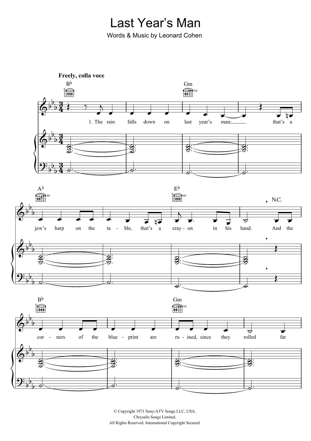 Leonard Cohen Last Year's Man Sheet Music