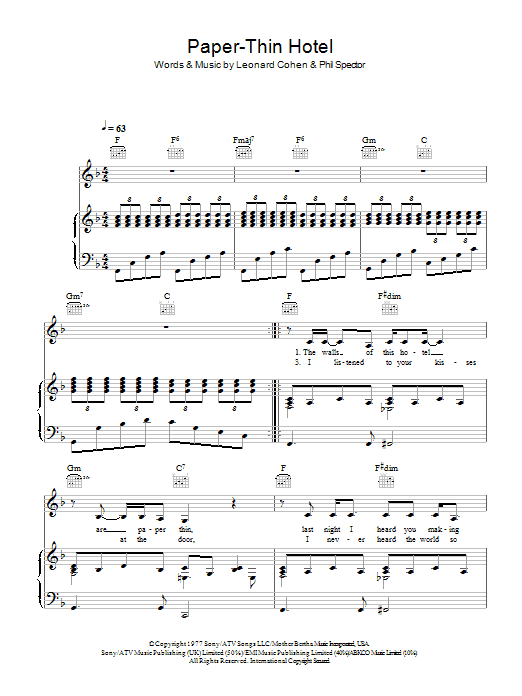 Leonard Cohen Paper-Thin Hotel Sheet Music