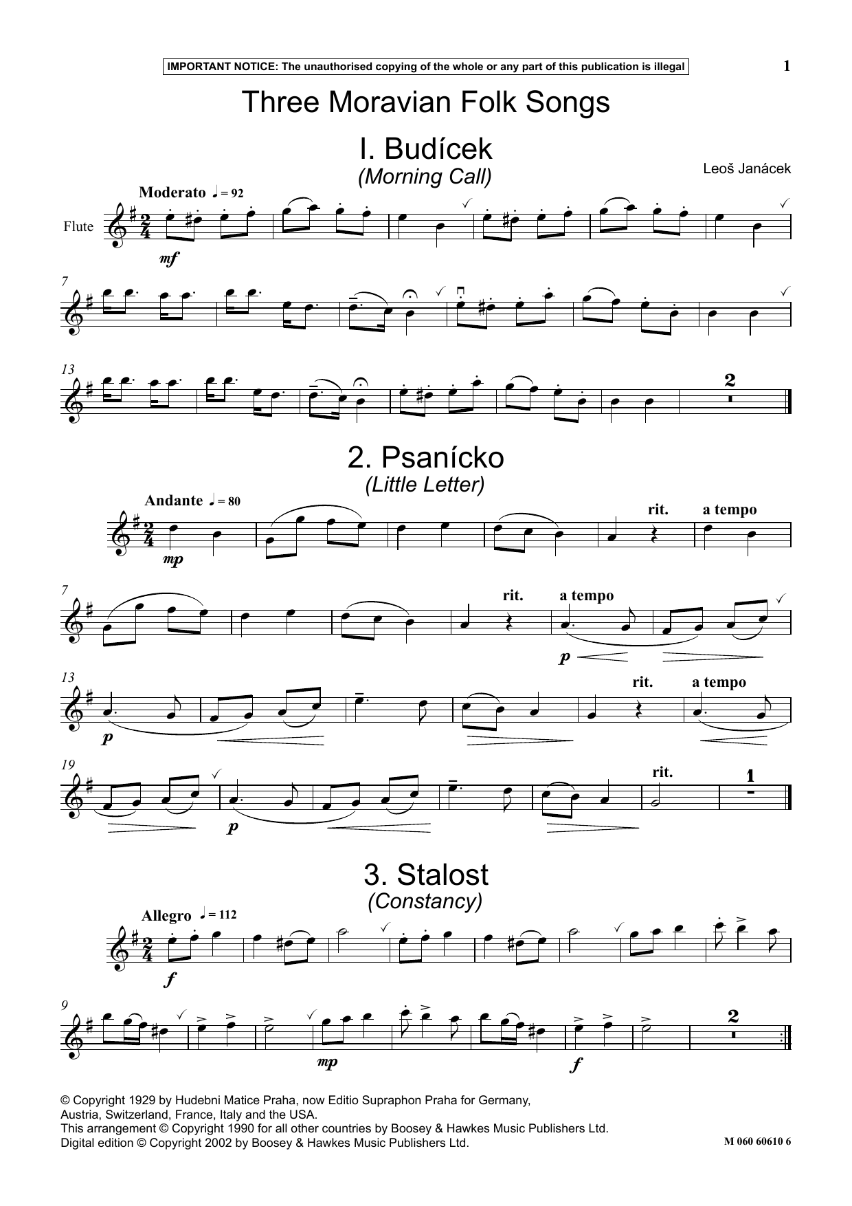 Leos Janácek Three Moravian Folk Songs Sheet Music