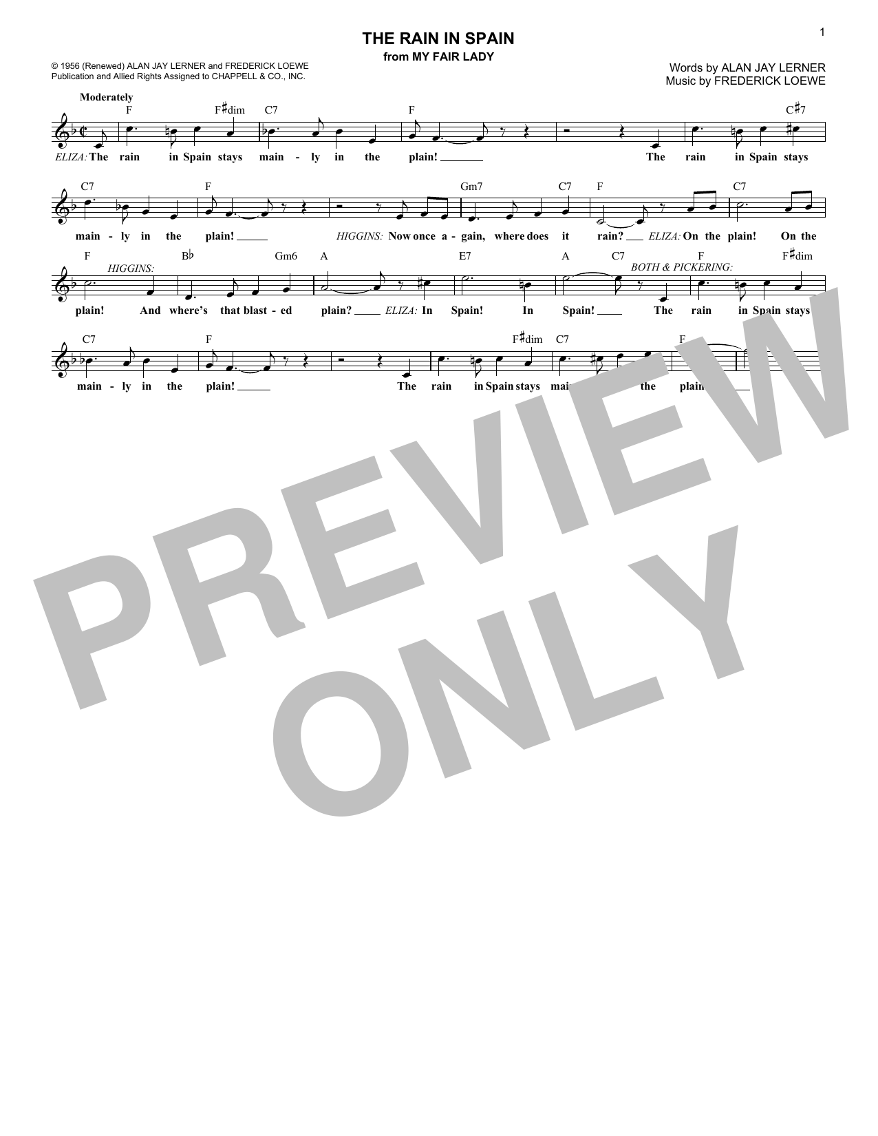 Lerner & Loewe The Rain In Spain (from My Fair Lady) Sheet Music
