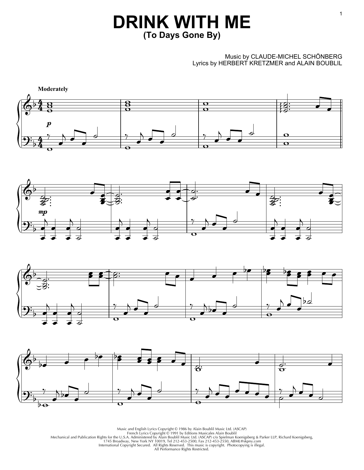 Les Miserables (Musical) Drink With Me (To Days Gone By) Sheet Music