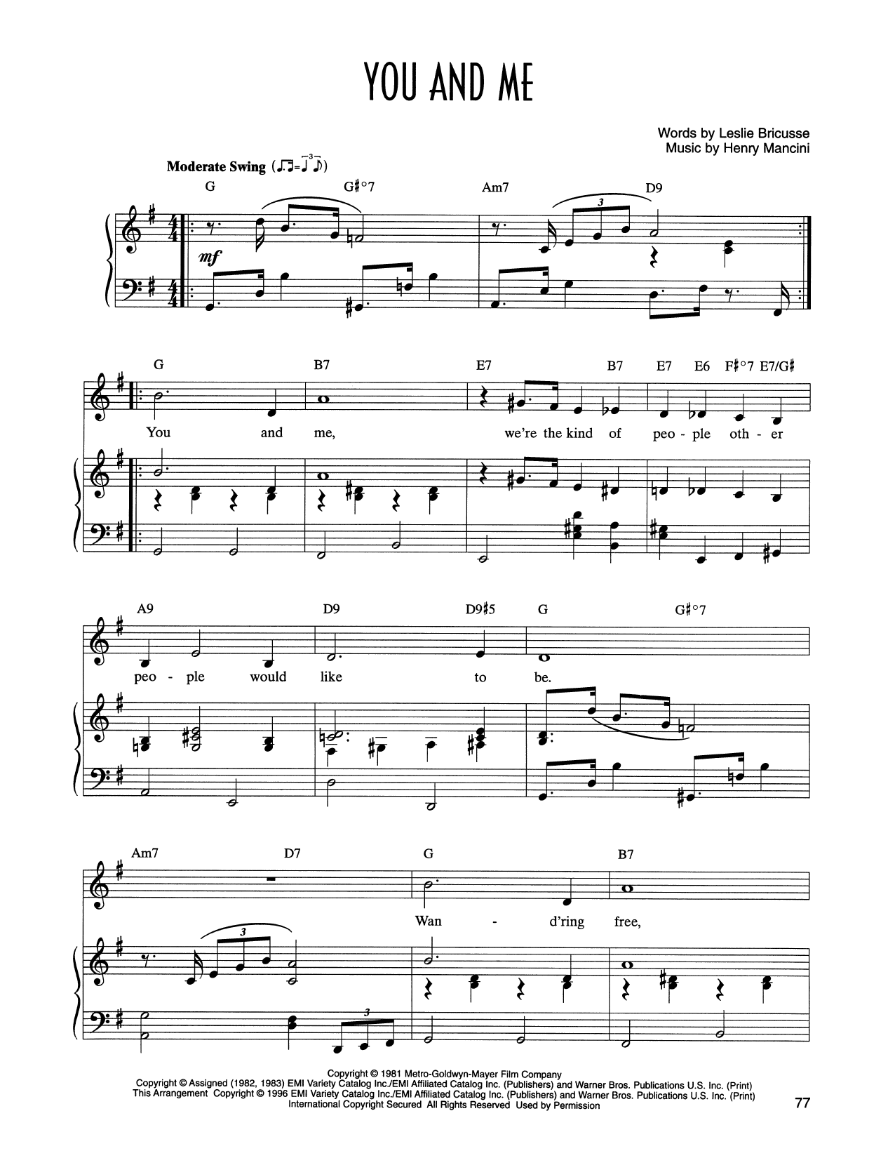 Leslie Bricusse and Henry Mancini You And Me (from Victor/Victoria) Sheet Music