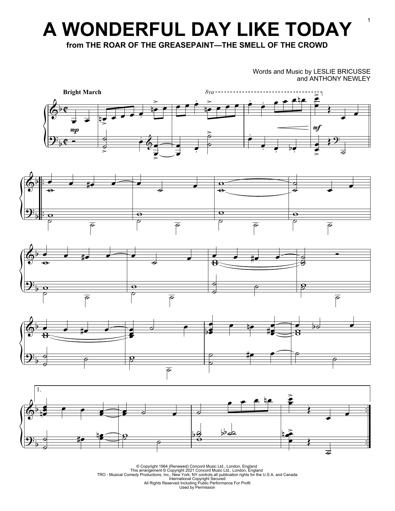 Leslie Bricusse & Anthony Newley A Wonderful Day Like Today (from The Roar Of The Greasepaint - The Smell Of The Sheet Music