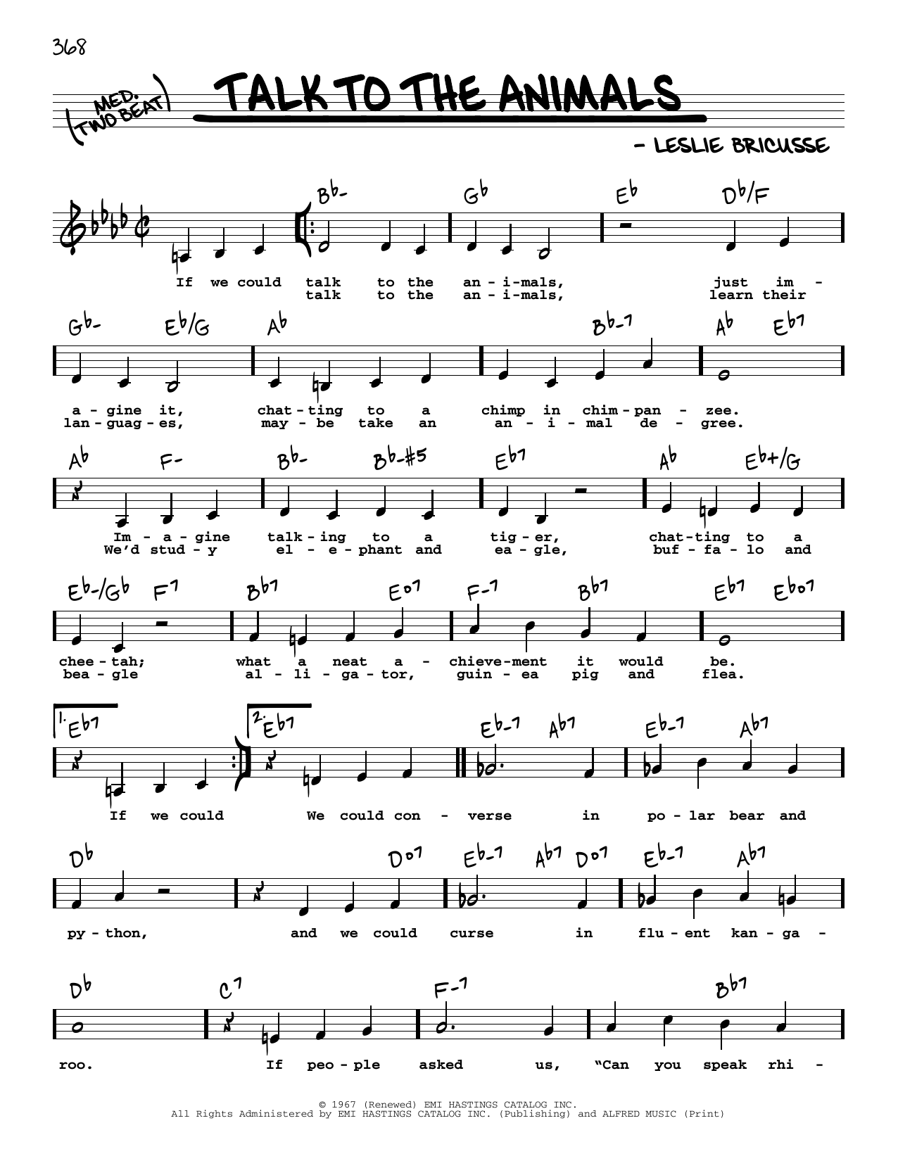 Leslie Bricusse Talk To The Animals (Low Voice) Sheet Music