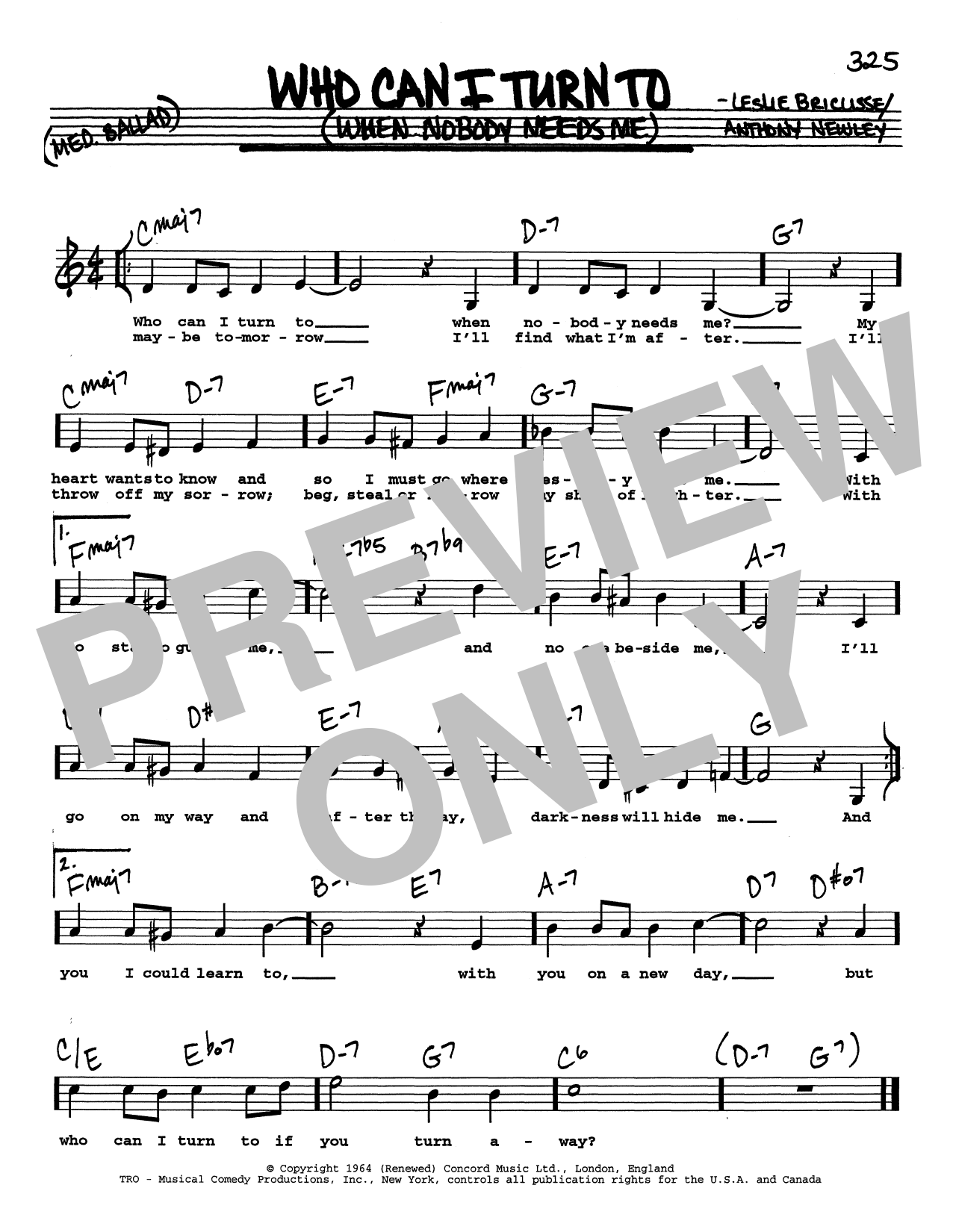 Leslie Bricusse Who Can I Turn To (When Nobody Needs Me) (Low Voice) Sheet Music
