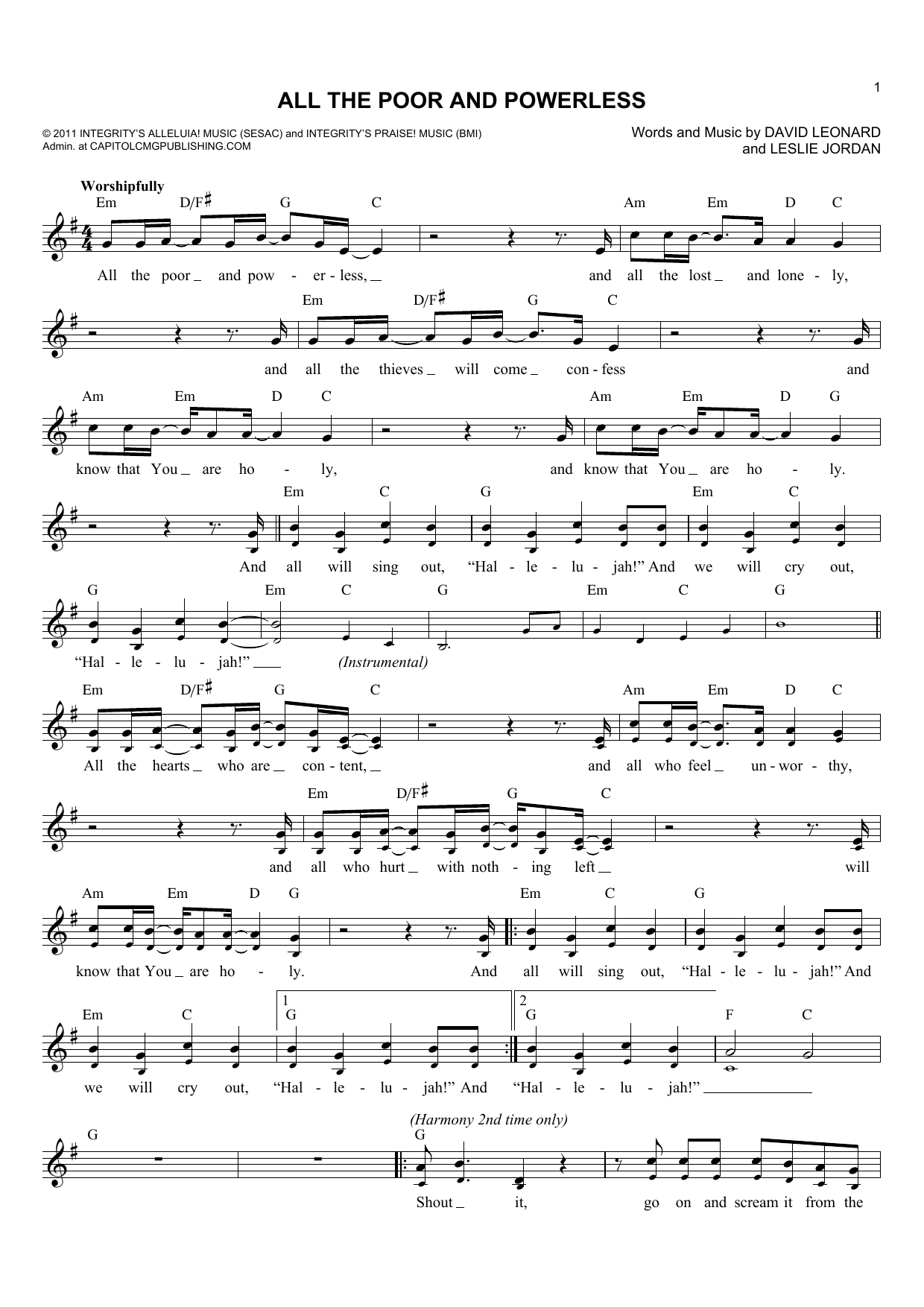Leslie Jordan All The Poor And Powerless Sheet Music