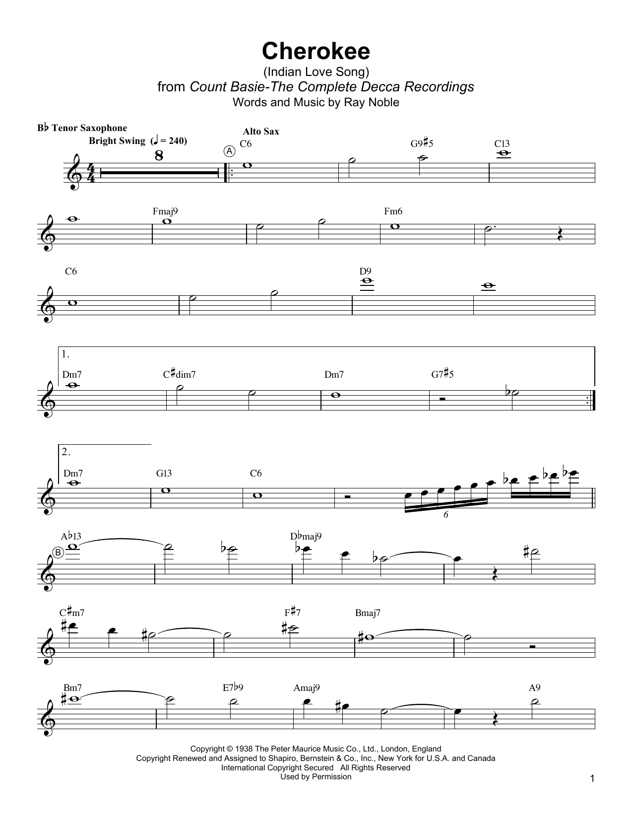 Lester Young Cherokee (Indian Love Song) Sheet Music