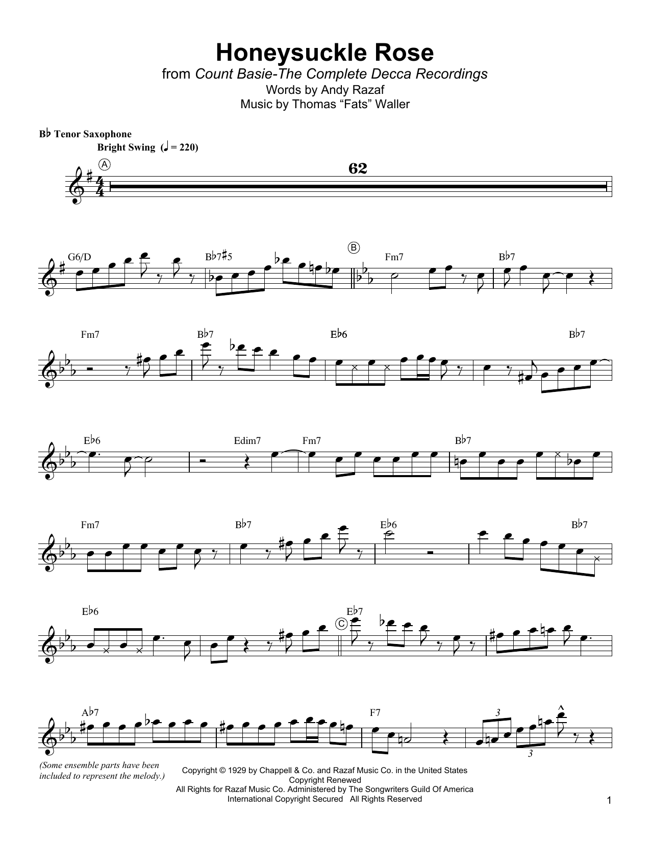 Lester Young Honeysuckle Rose Sheet Music
