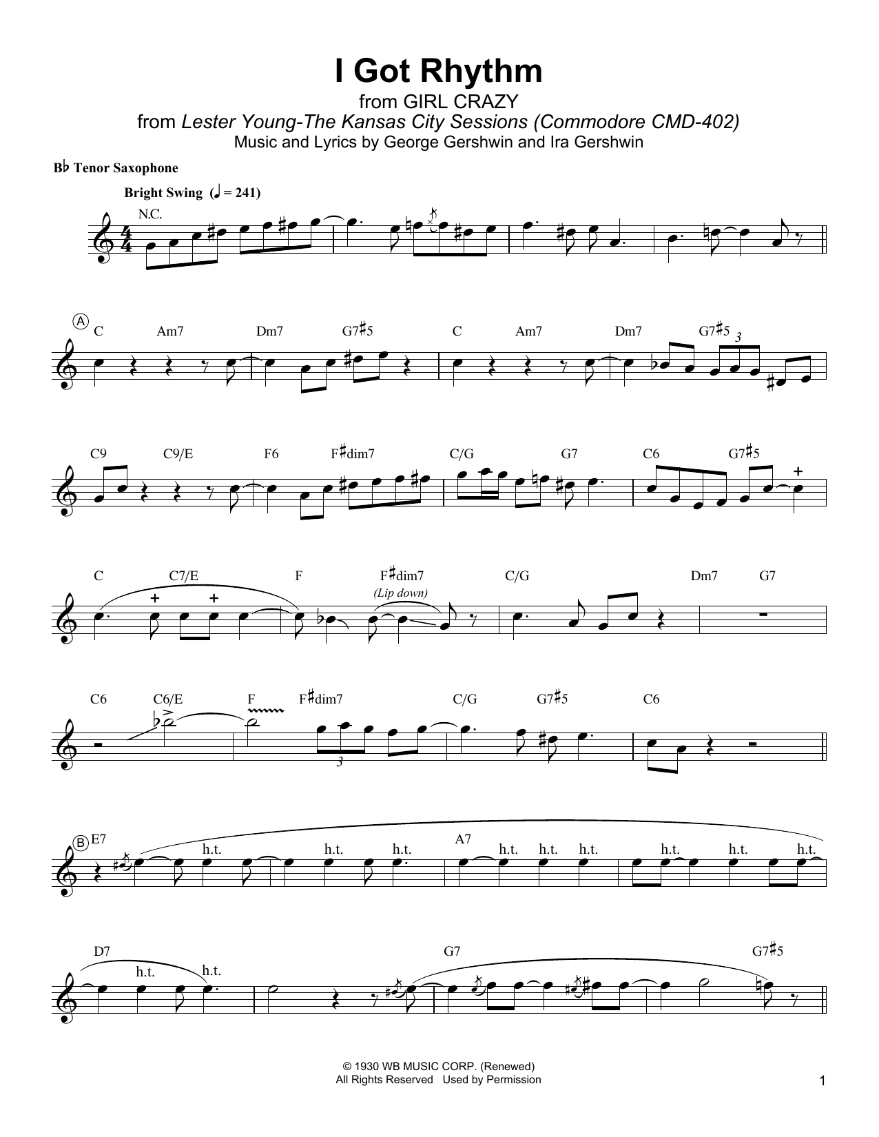 Lester Young I Got Rhythm Sheet Music