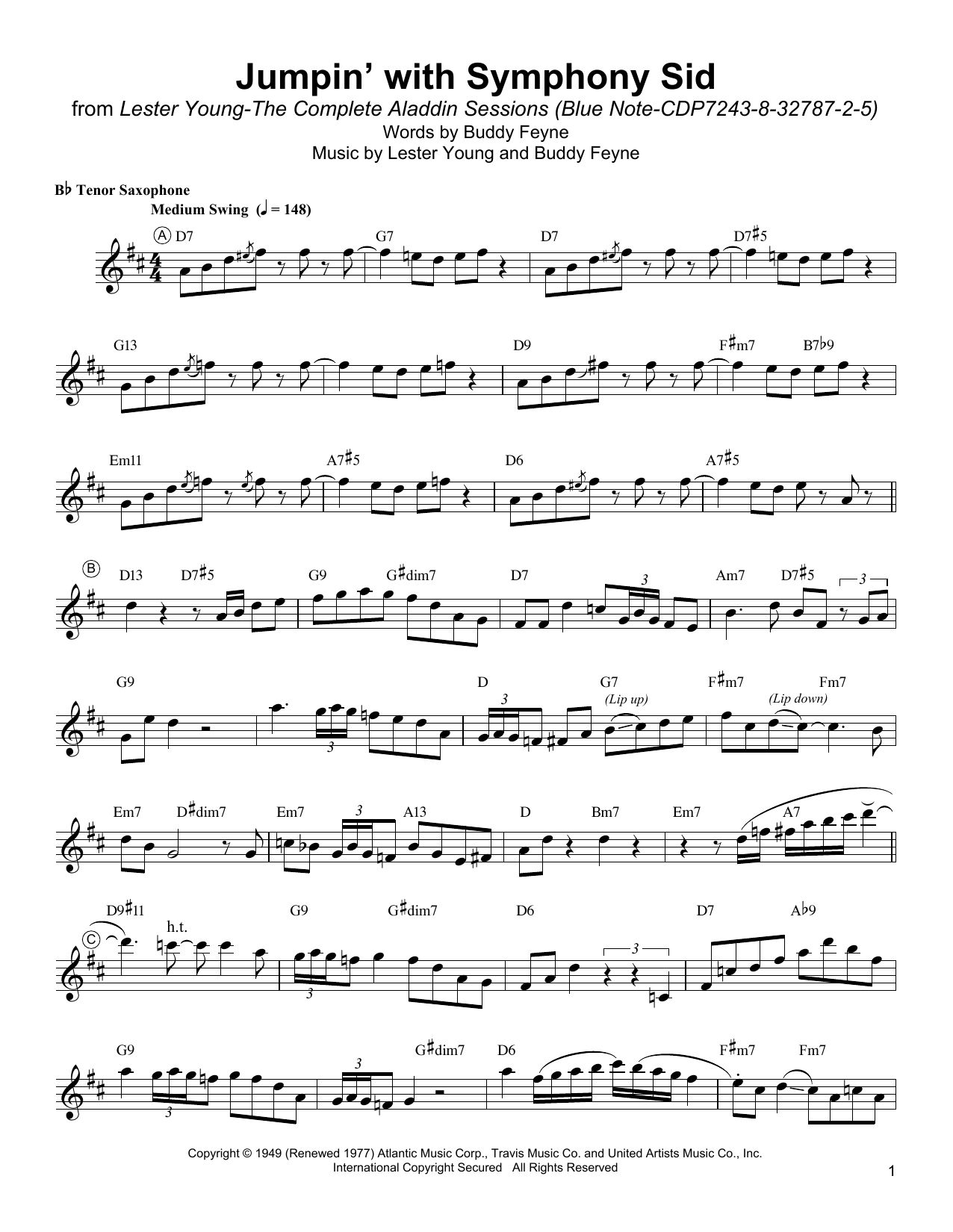 Lester Young Jumpin' With Symphony Sid Sheet Music