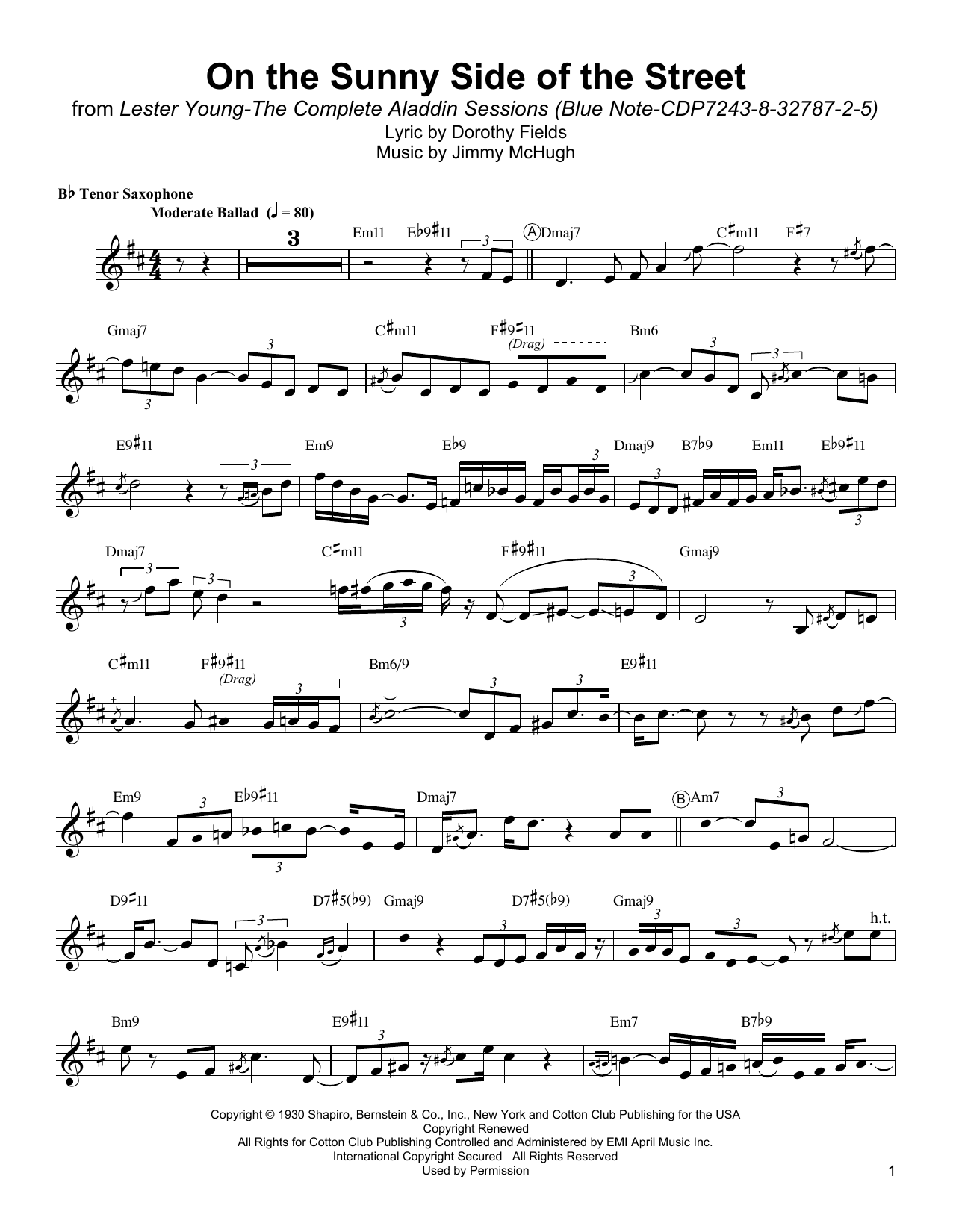 Lester Young On The Sunny Side Of The Street Sheet Music
