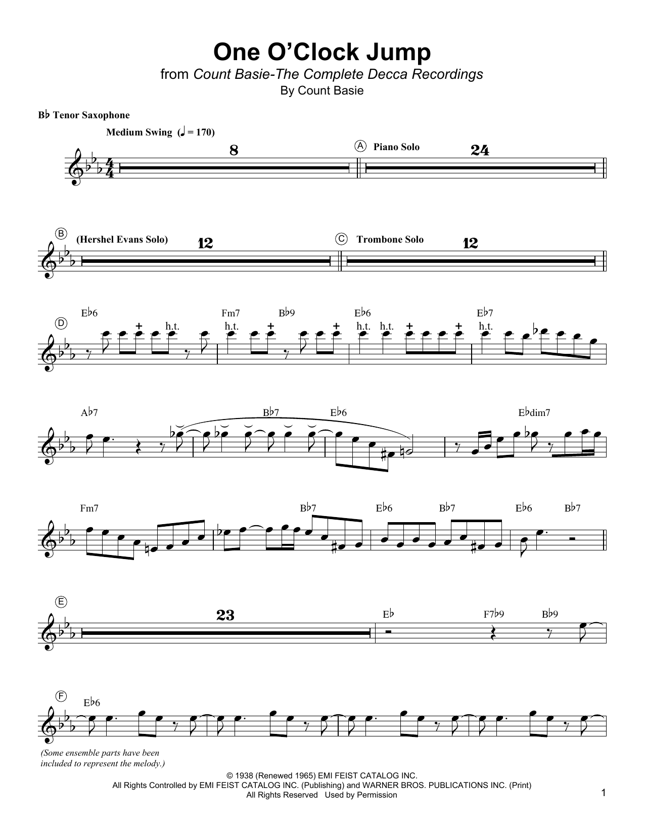 Lester Young One O'Clock Jump Sheet Music