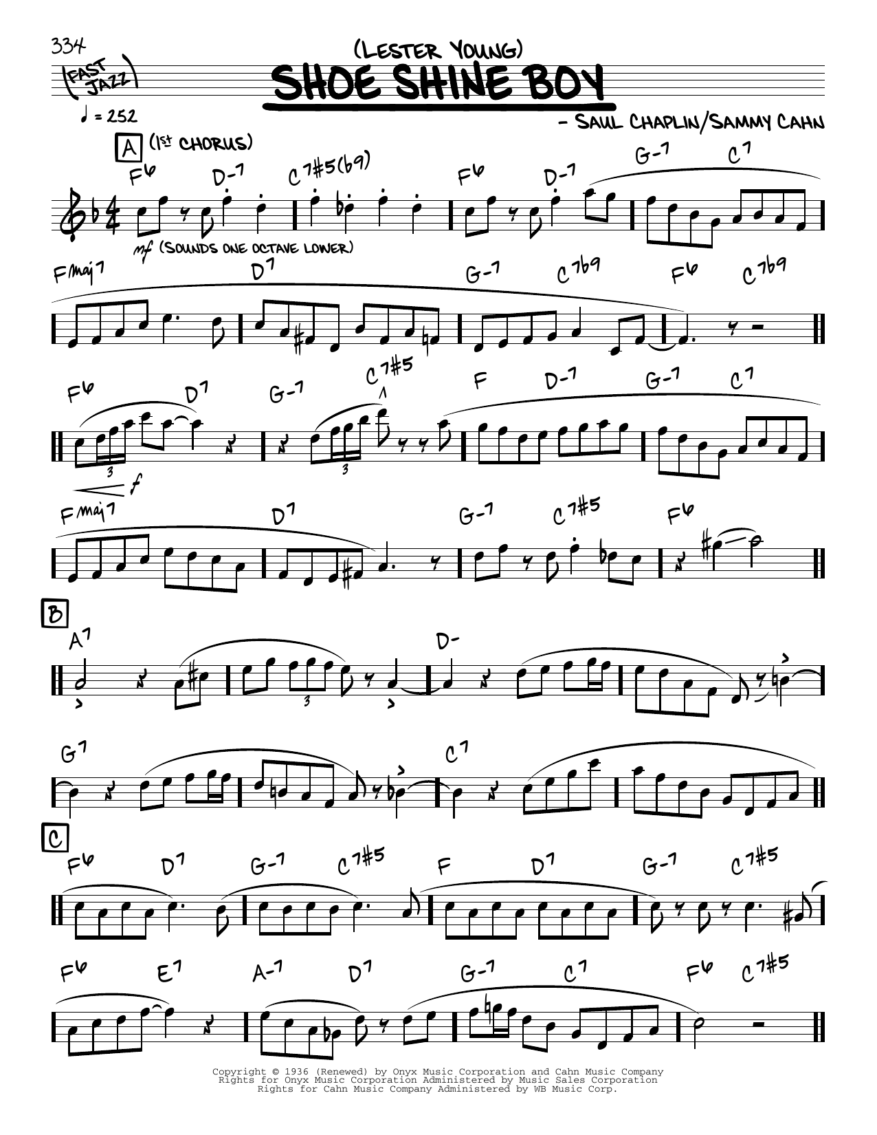 Lester Young Shoe Shine Boy (solo only) Sheet Music