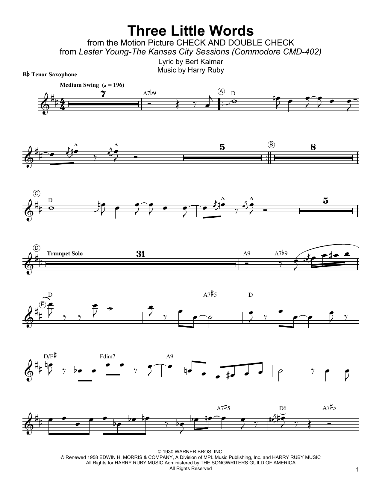 Lester Young Three Little Words Sheet Music