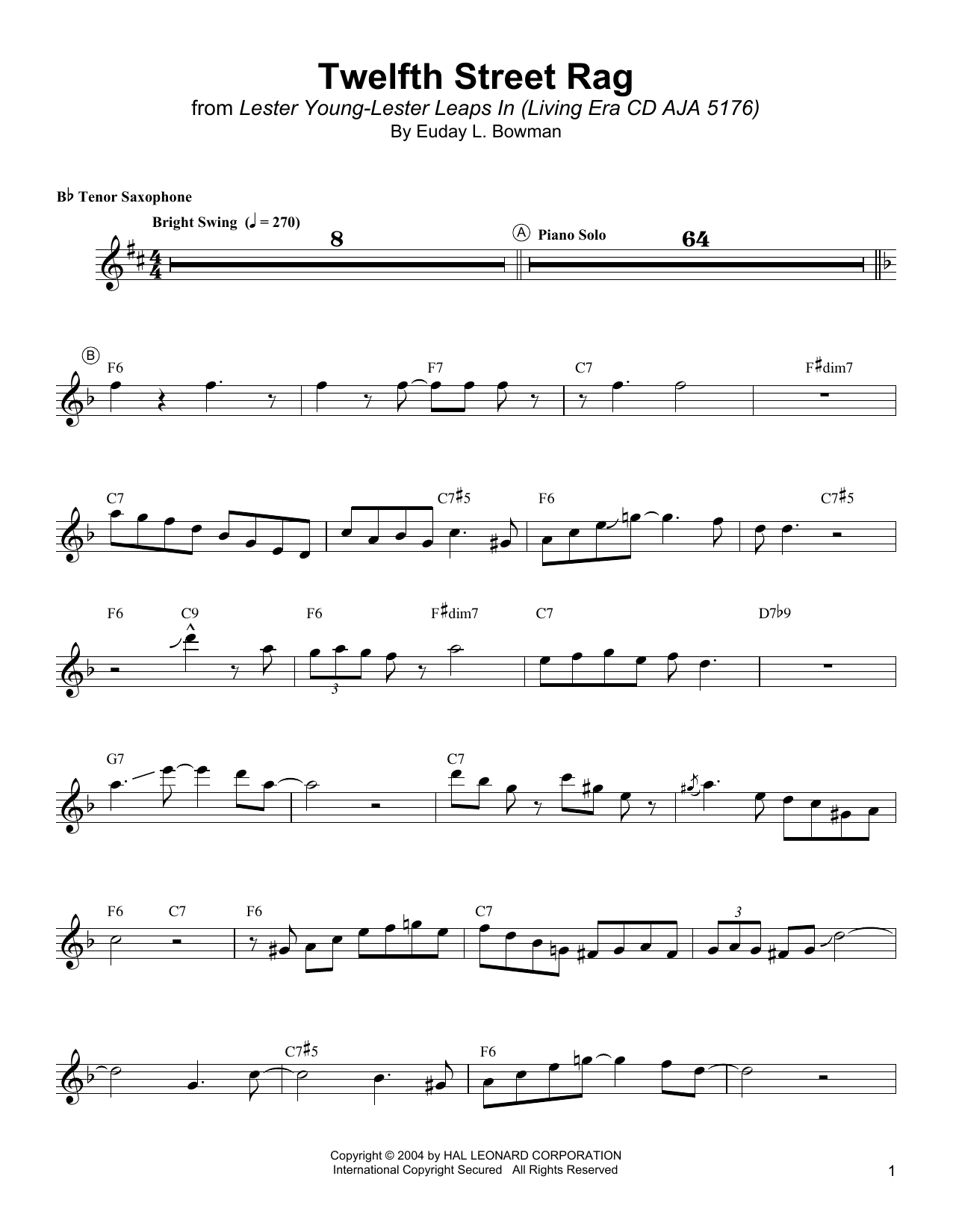 Lester Young Twelfth Street Rag Sheet Music