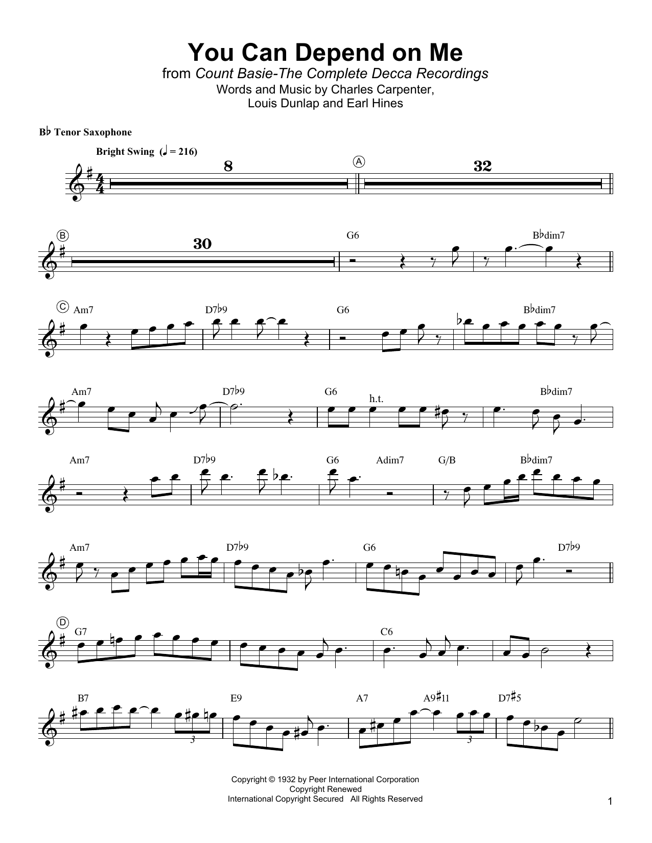 Lester Young You Can Depend On Me Sheet Music