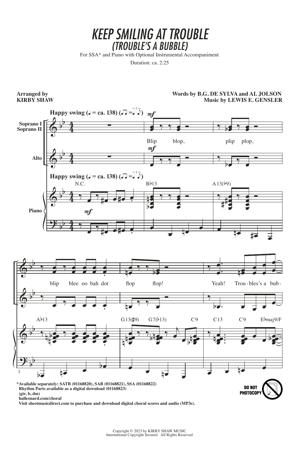 Lewis E. Gensler Keep Smiling At Trouble (Trouble's A Bubble) (arr. Kirby Shaw) Sheet Music
