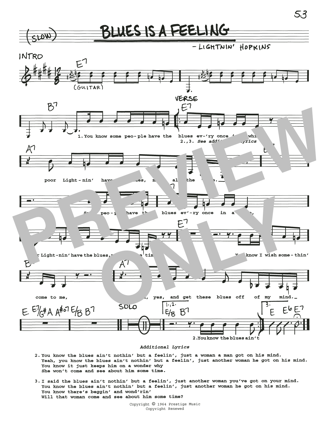 Lightnin' Hopkins Blues Is A Feeling Sheet Music