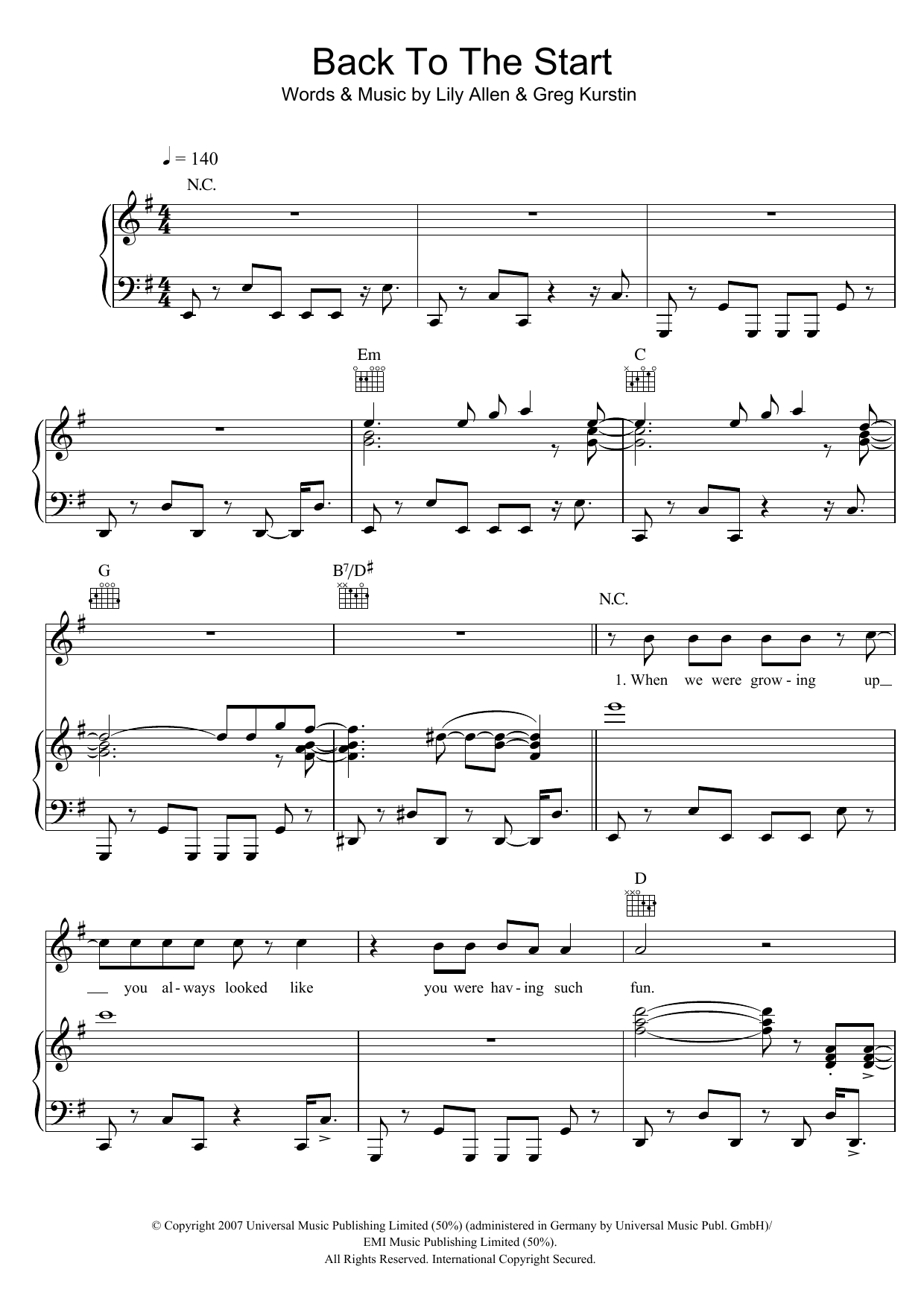 Lily Allen Back To The Start Sheet Music