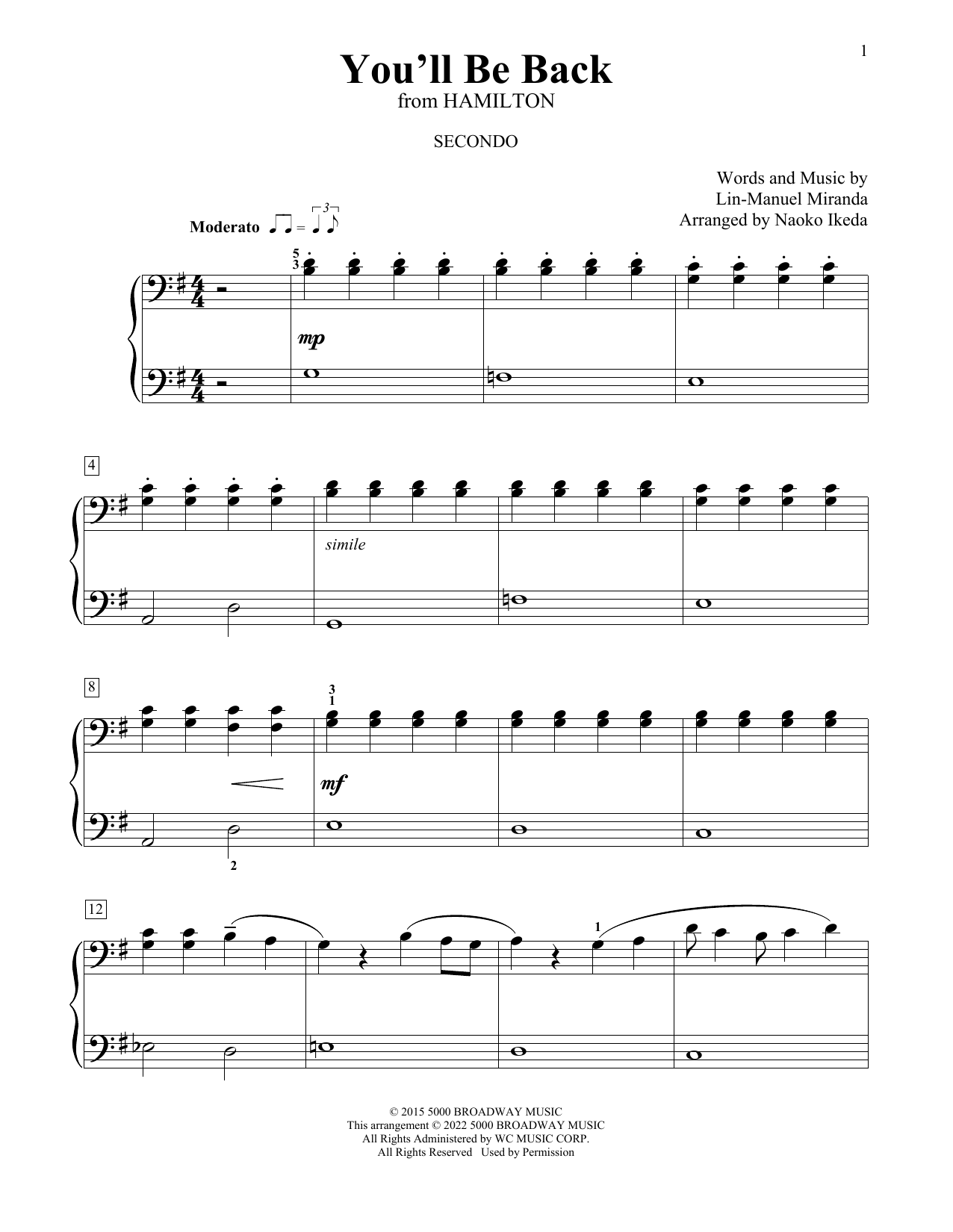 Lin-Manuel Miranda You'll Be Back (from Hamilton) (arr. Naoko Ikeda) Sheet Music