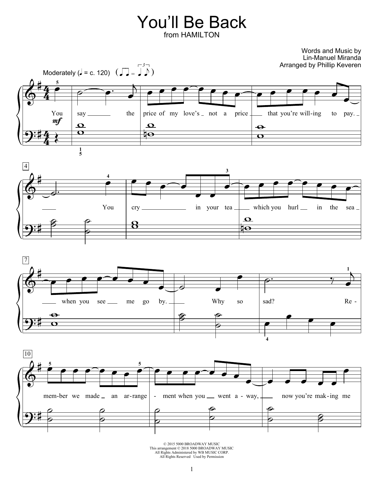 Lin-Manuel Miranda You'll Be Back (from Hamilton) (arr. Phillip Keveren) Sheet Music
