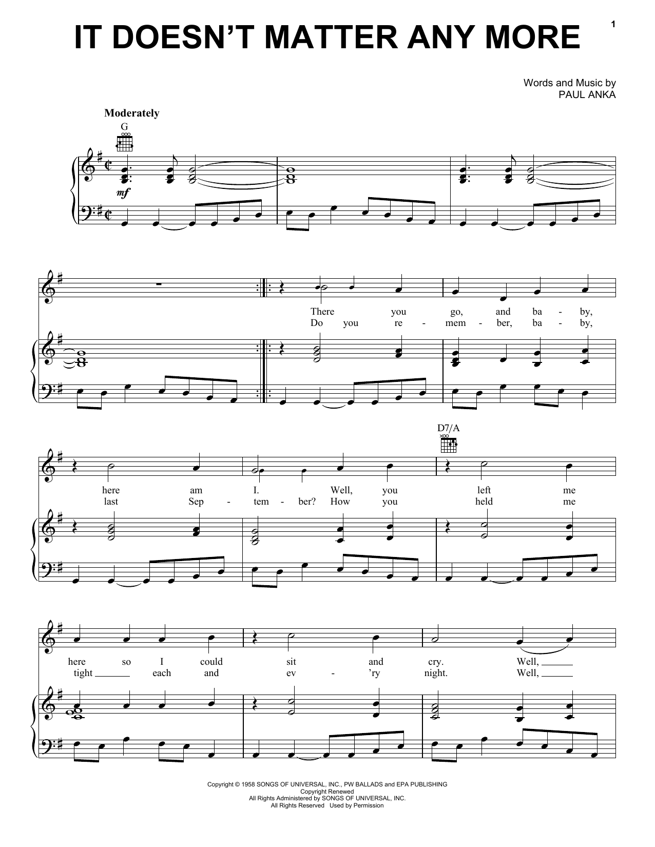 Linda Ronstadt It Doesn't Matter Anymore Sheet Music