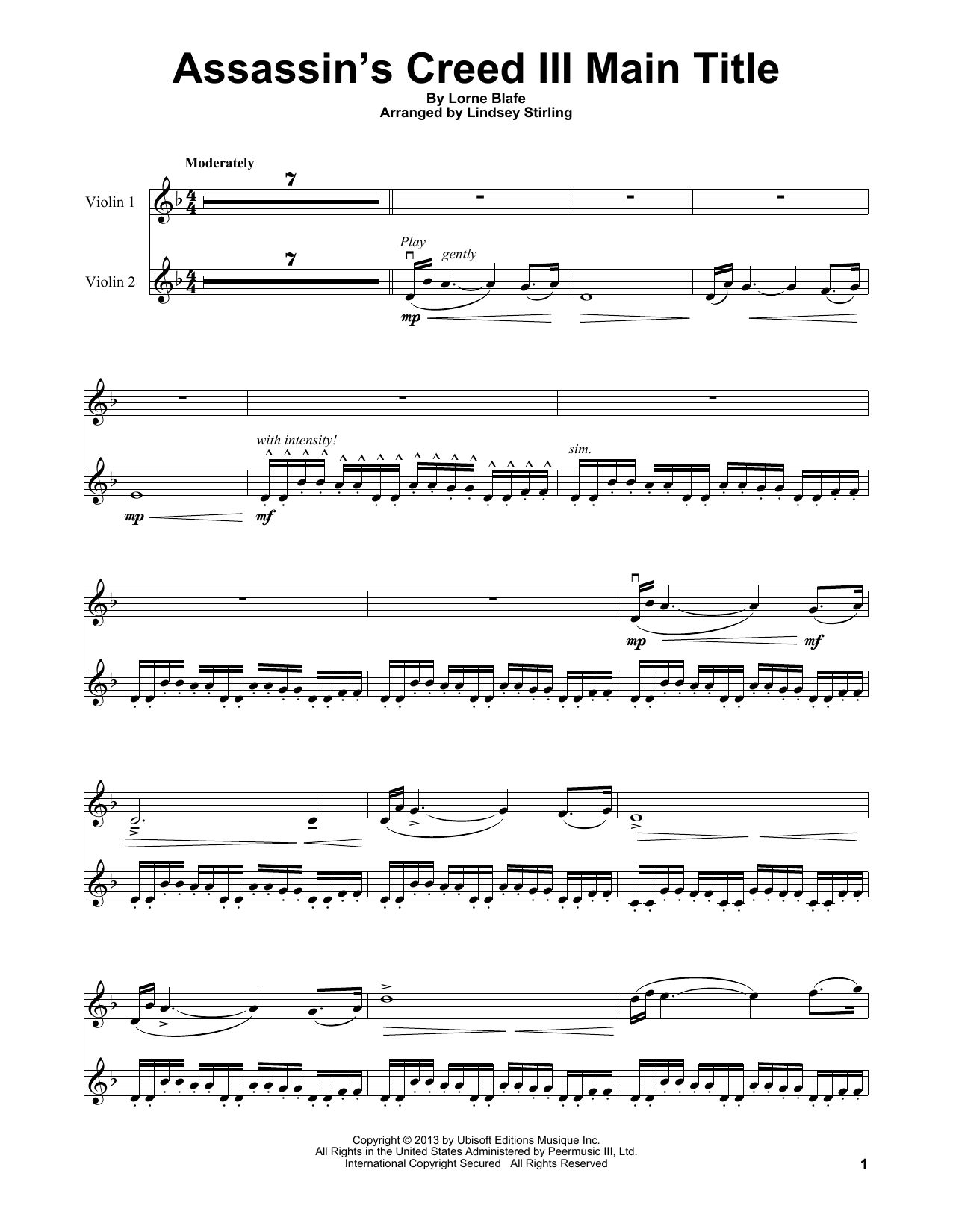 Lindsey Stirling Assassin's Creed III Main Title Sheet Music