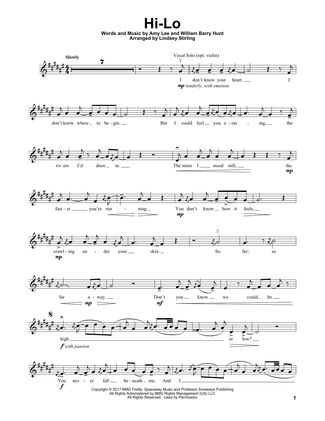 Lindsey Stirling Hi-Lo Sheet Music