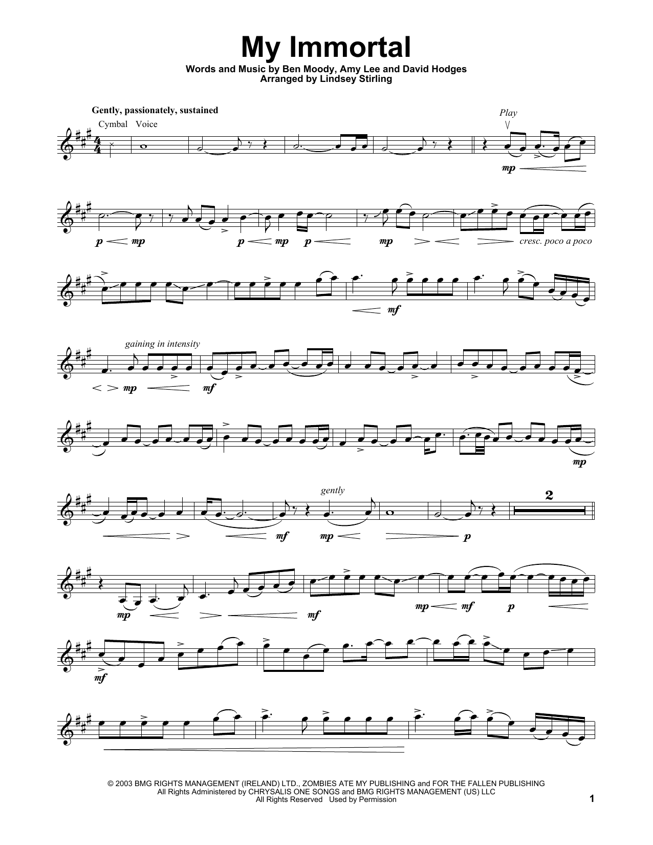 Lindsey Stirling My Immortal Sheet Music