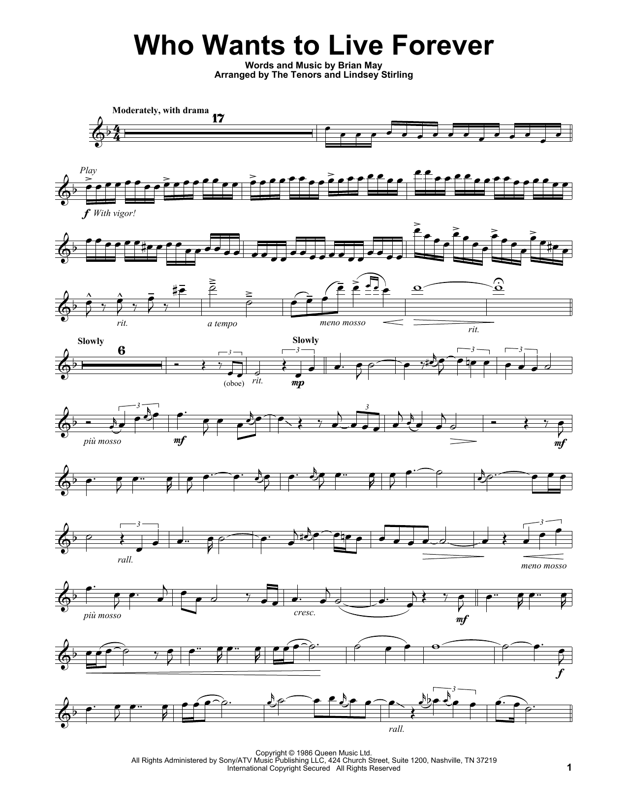 Lindsey Stirling Who Wants To Live Forever Sheet Music