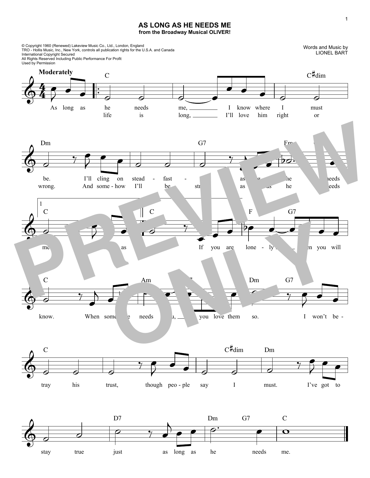 Lionel Bart As Long As He Needs Me (from the musical Oliver!) Sheet Music