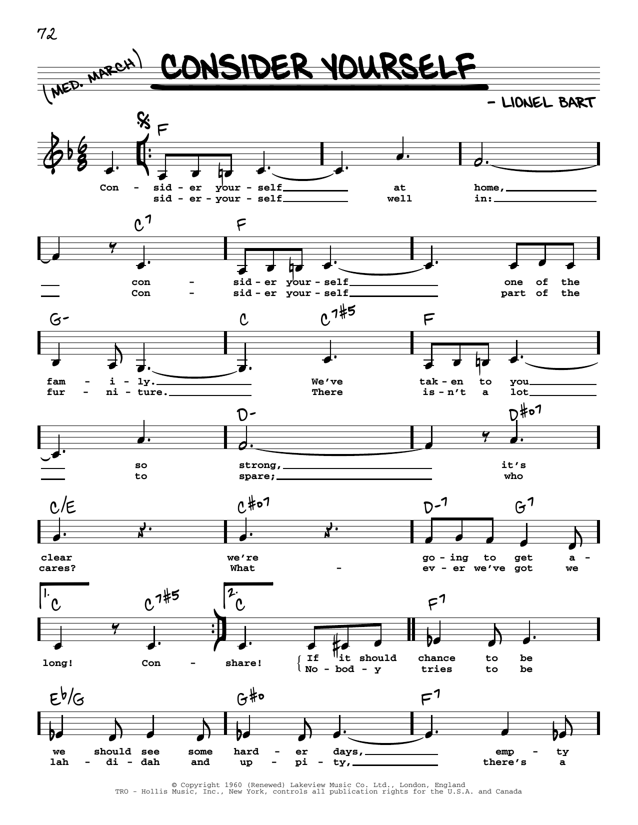 Lionel Bart Consider Yourself (Low Voice) (from Oliver!) Sheet Music