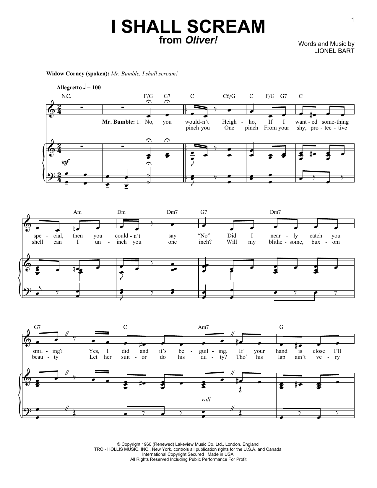 Lionel Bart I Shall Scream Sheet Music