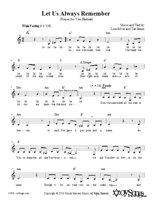 Lisa Silver Let Us Always Remember (Prayer for Yom HaShoah) Sheet Music