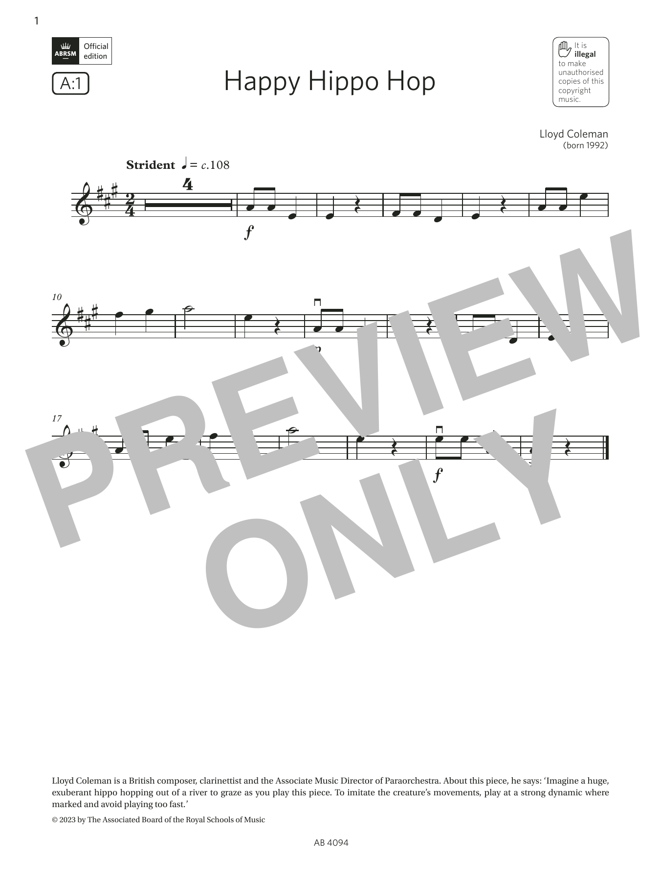 Lloyd Coleman Happy Hippo Hop (Grade Initial, A1, from the ABRSM Violin Syllabus from 2024) Sheet Music