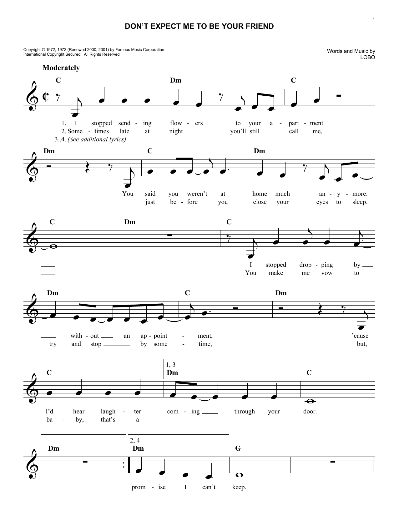 Lobo Don't Expect Me To Be Your Friend Sheet Music