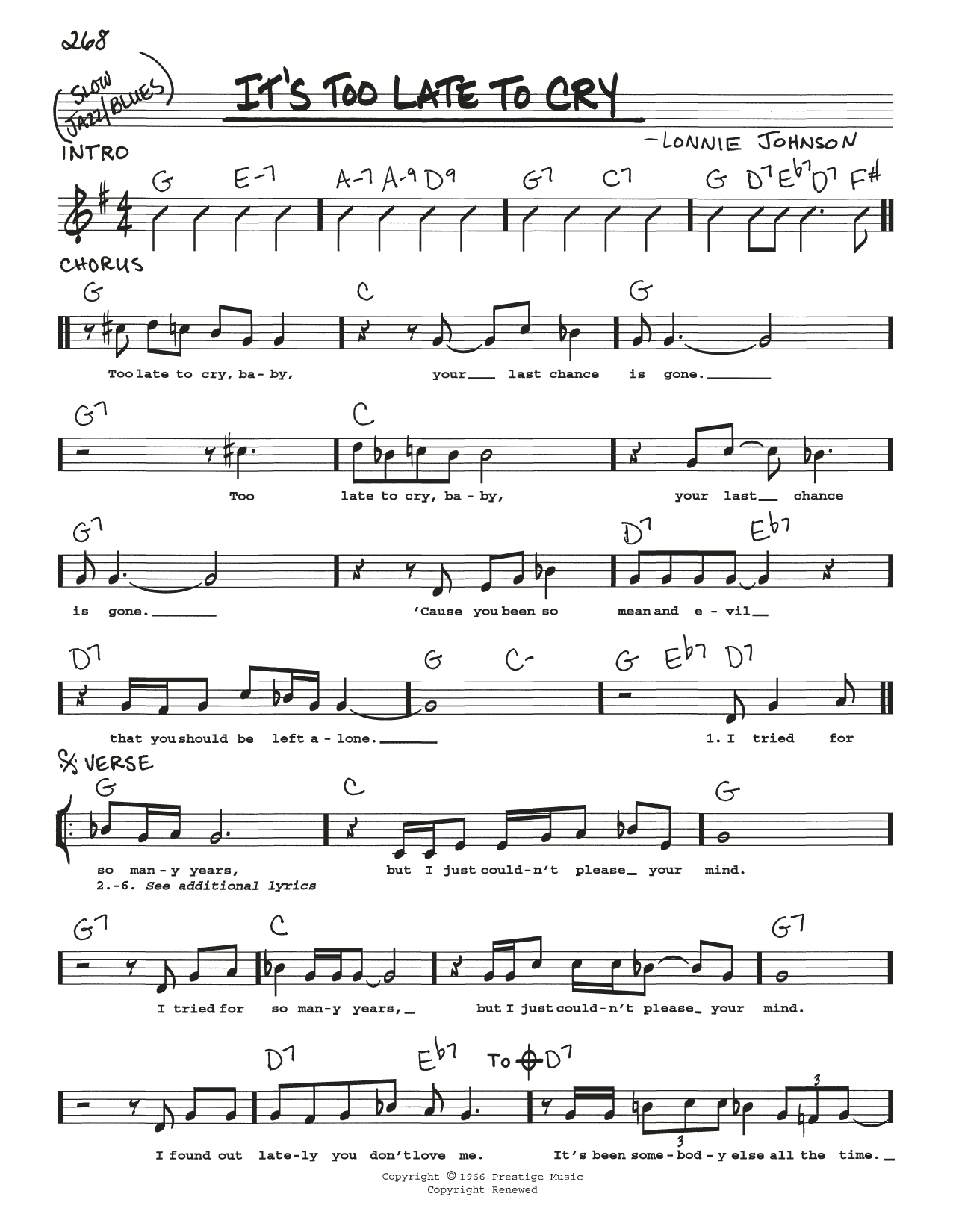 Lonnie Johnson It's Too Late To Cry Sheet Music