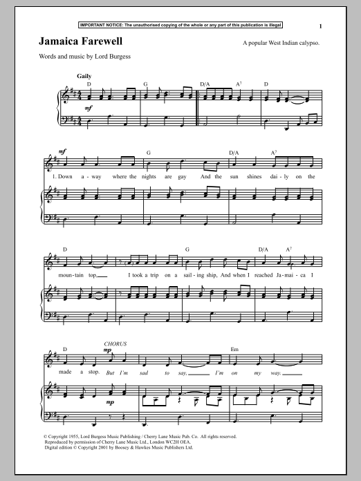 Lord Burgess Jamaica Farewell Sheet Music
