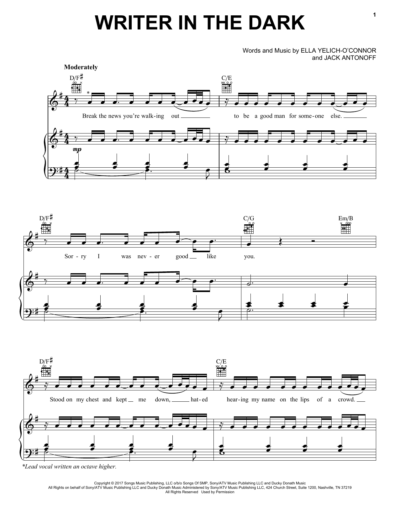 Lorde Writer In The Dark Sheet Music