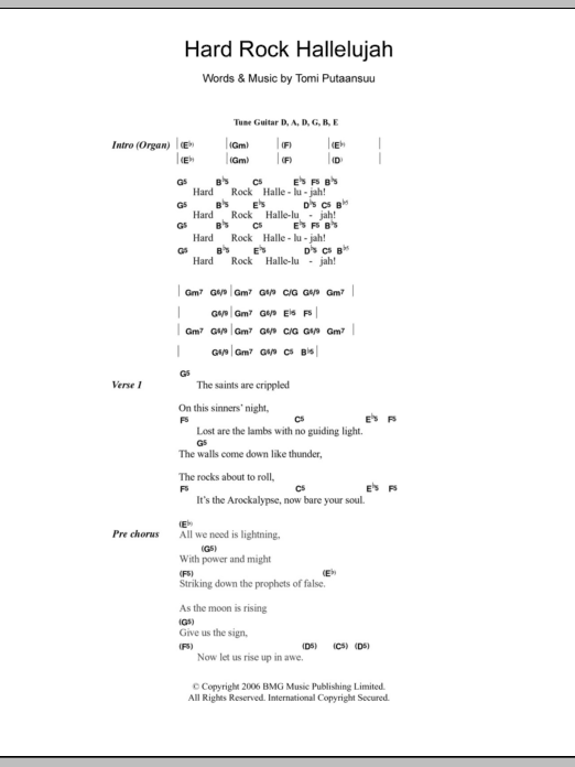 Lordi Hard Rock Hallelujah Sheet Music