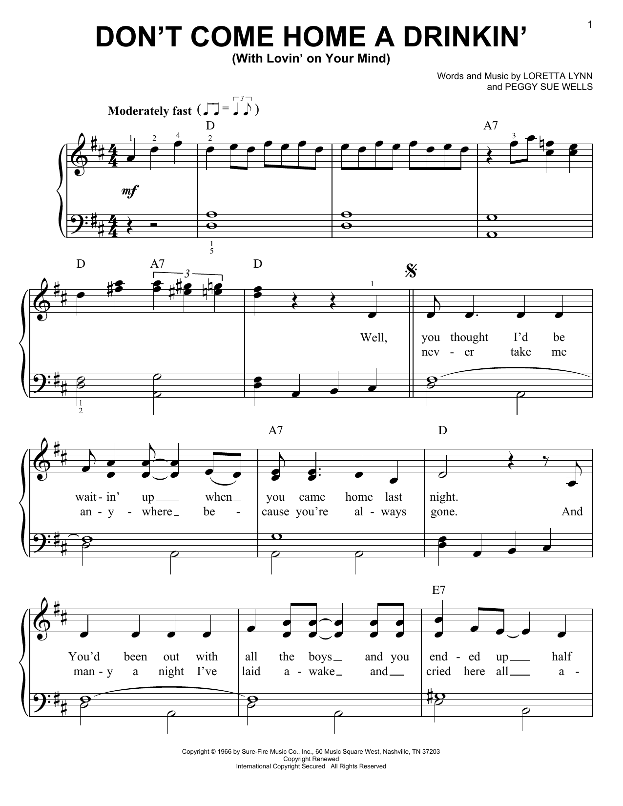 Loretta Lynn Don't Come Home A Drinkin' (With Lovin' On Your Mind) Sheet Music