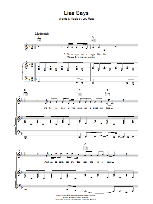 Lou Reed Lisa Says Sheet Music