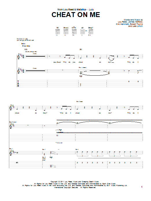 Lou Reed & Metallica Cheat On Me Sheet Music