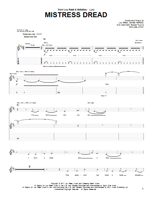 Lou Reed & Metallica Mistress Dread Sheet Music