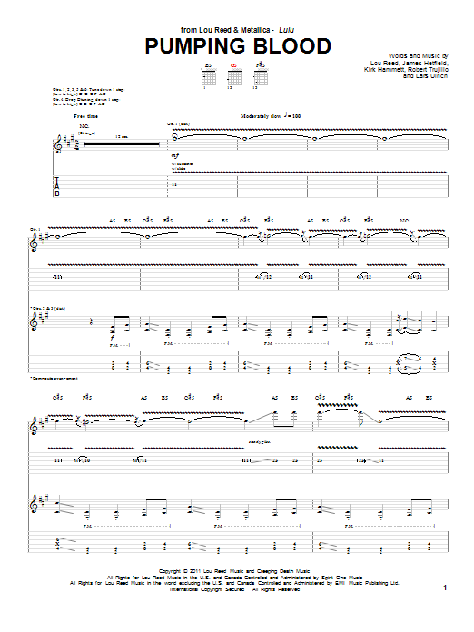 Lou Reed & Metallica Pumping Blood Sheet Music